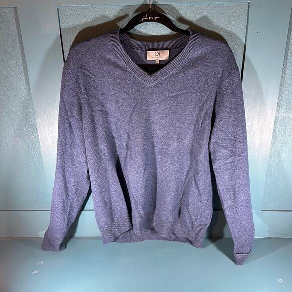 QI Cashmere Sweater Mens Medium New York Blue V-Neck - Picture 1 of 4